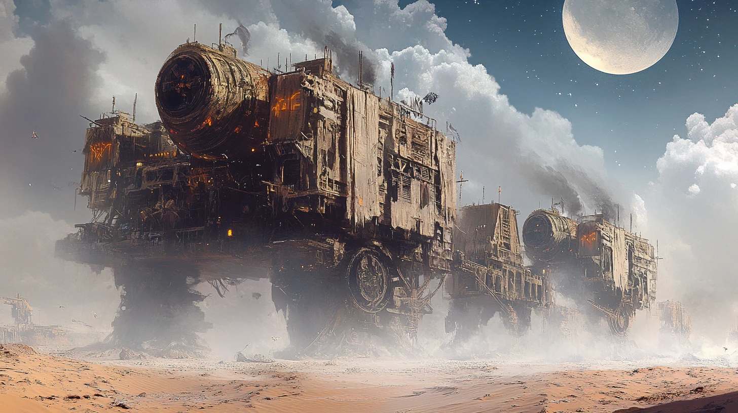 Nomadic caravan city traveling across an alien desert