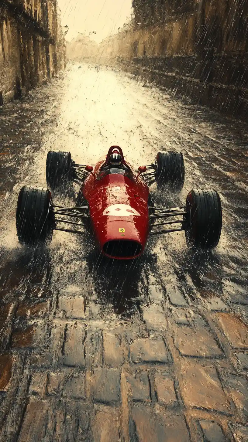Red formula race car drifting on wet cobblestone street