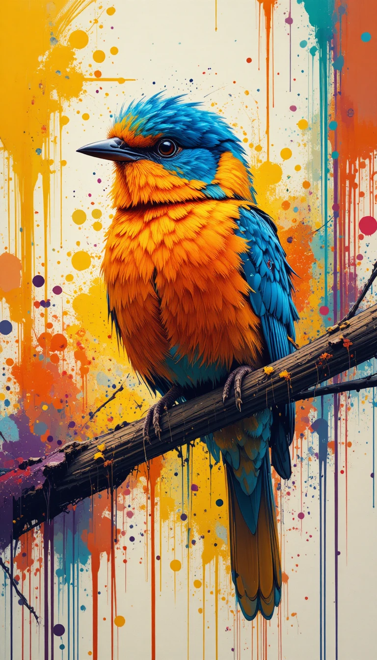 Colorful bird on branch in abstract paint splatter scene