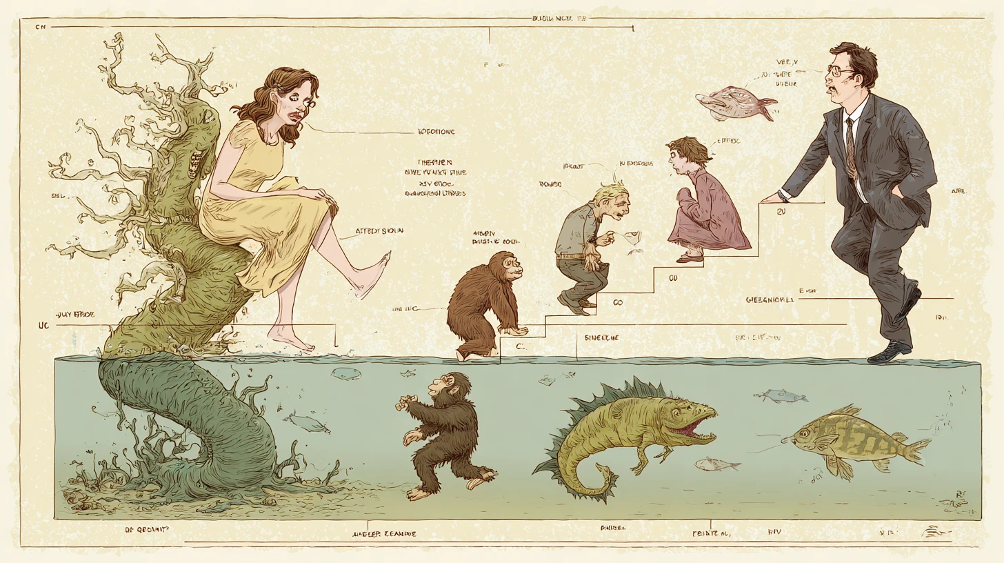 Comical evolution diagram comparing modern woman and businessman