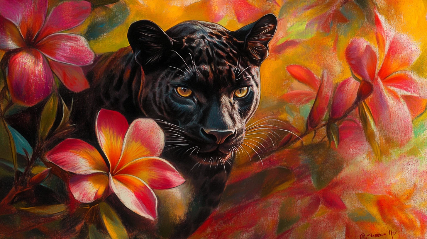Surrealer Panther, der aus einer leuchtenden Plumeria-Blüte auftaucht
