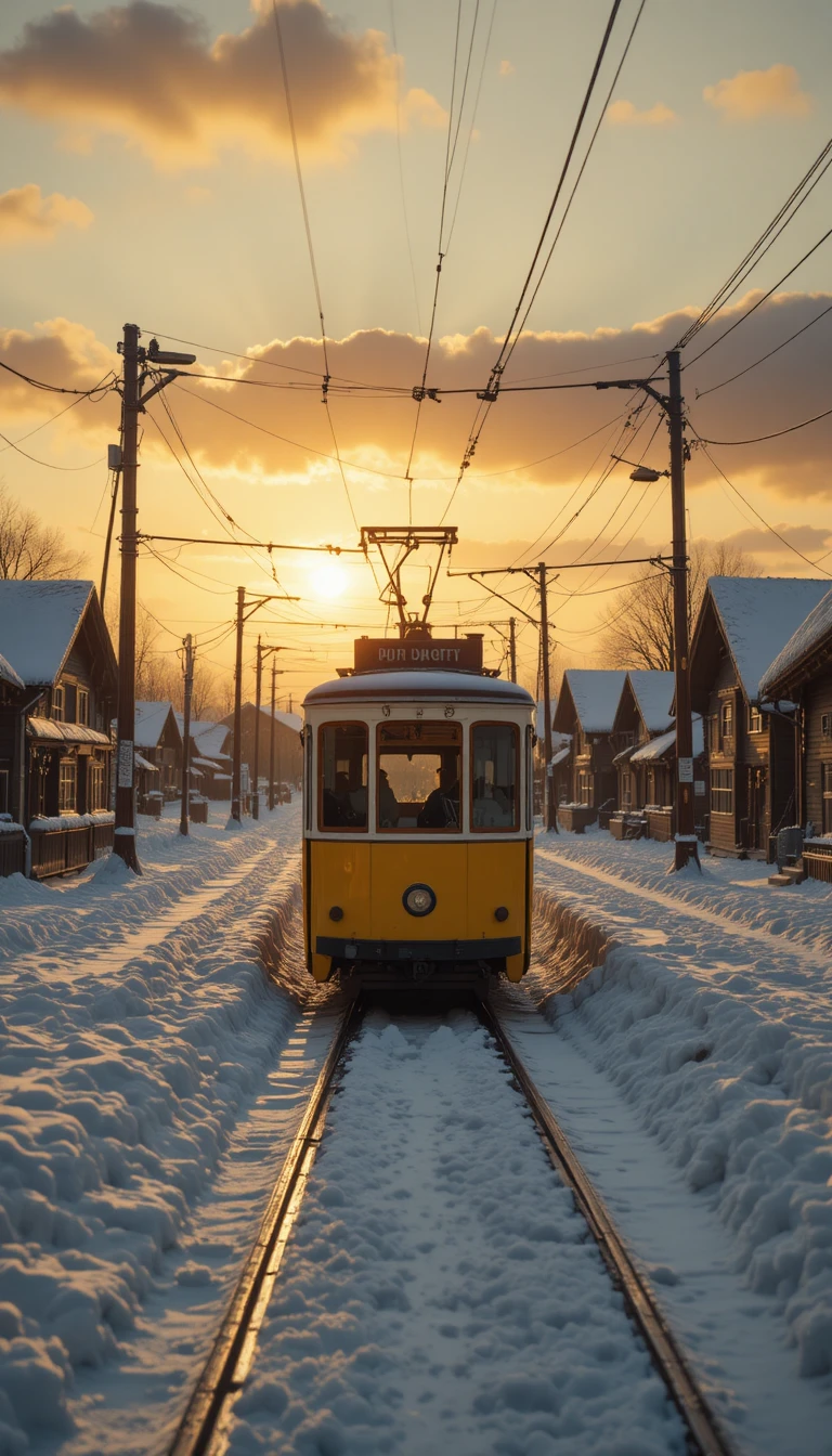 Vintage yellow tram on snowy tracks at winter sunset