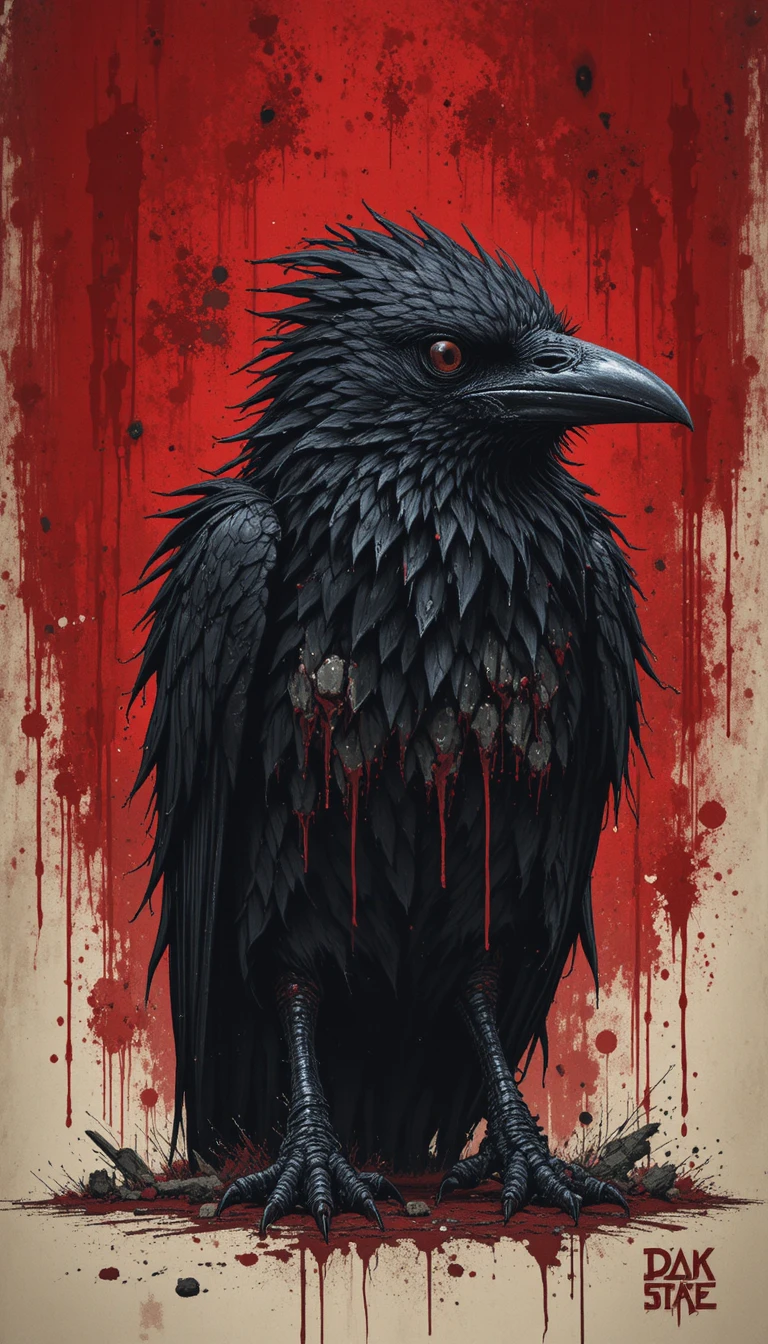 Dark raven on blazing red gothic abstract background