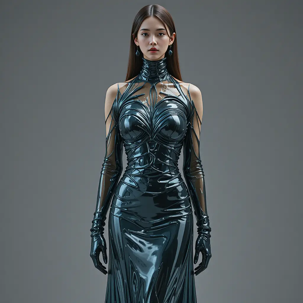 Korean woman in molten glass like gown slowly slipping away