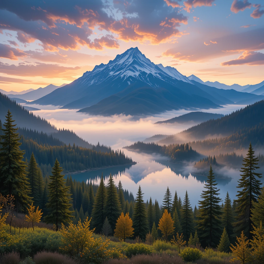 Paisaje sereno de lago de montaña al amanecer con luz cálida y suave