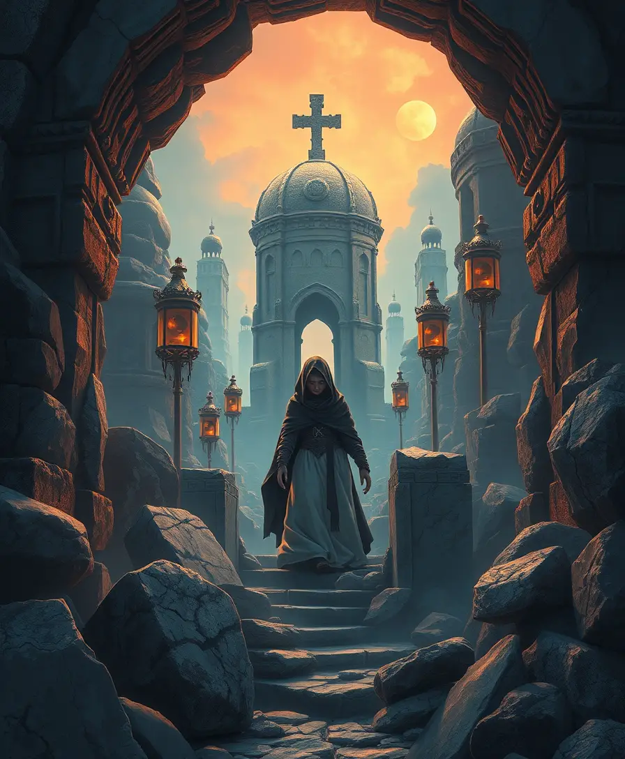 Lonely figure in a surreal stone fantasy world