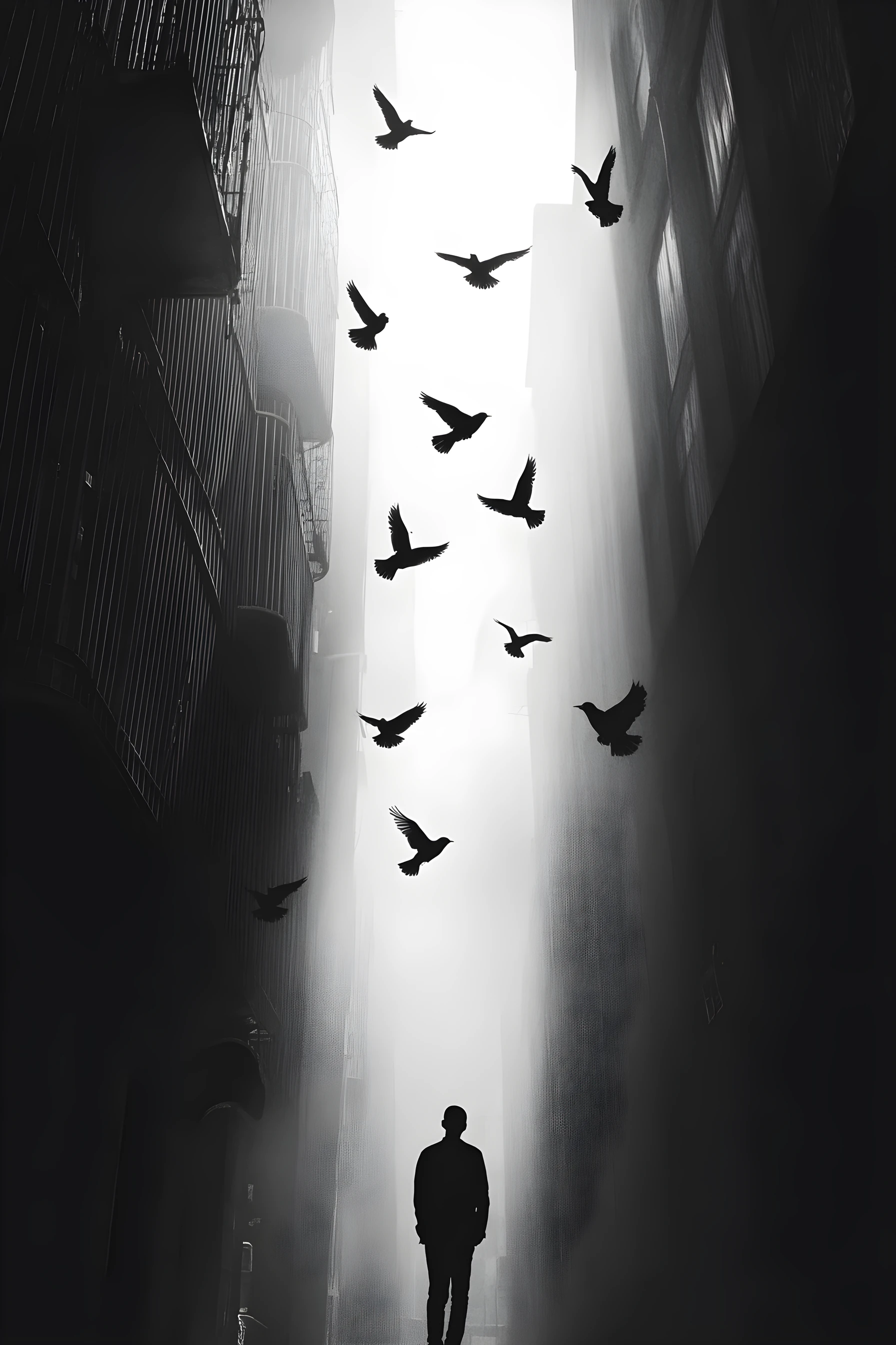 Silhouetted birds over layered urban multiple exposure scene