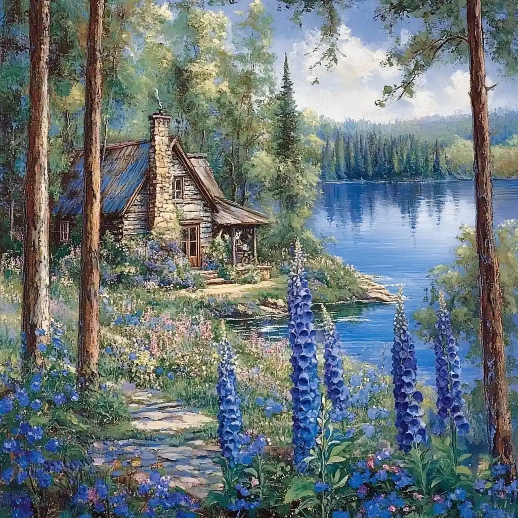 Rustic cottage among pine trees by a tranquil lake