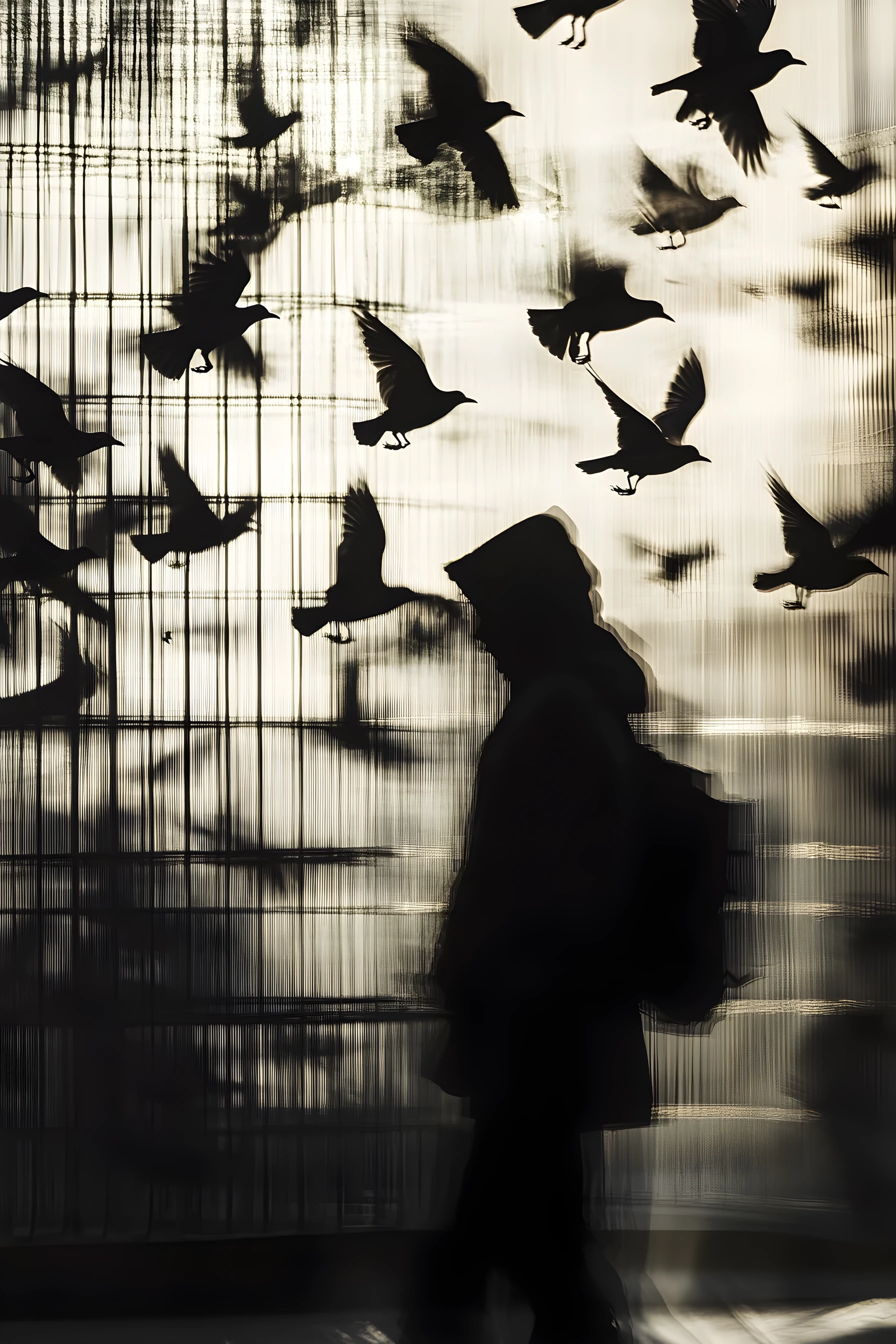 Silhouetted birds over blurred city in layered exposure