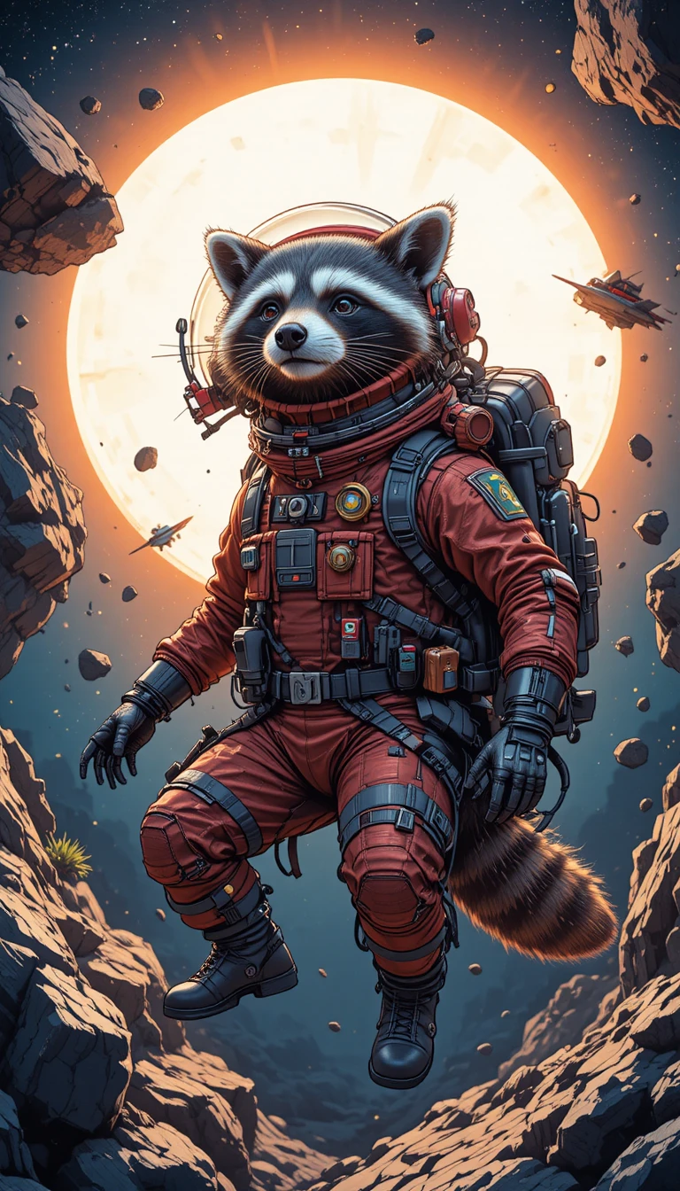 Raccoon astronaut in a red spacesuit floating through space