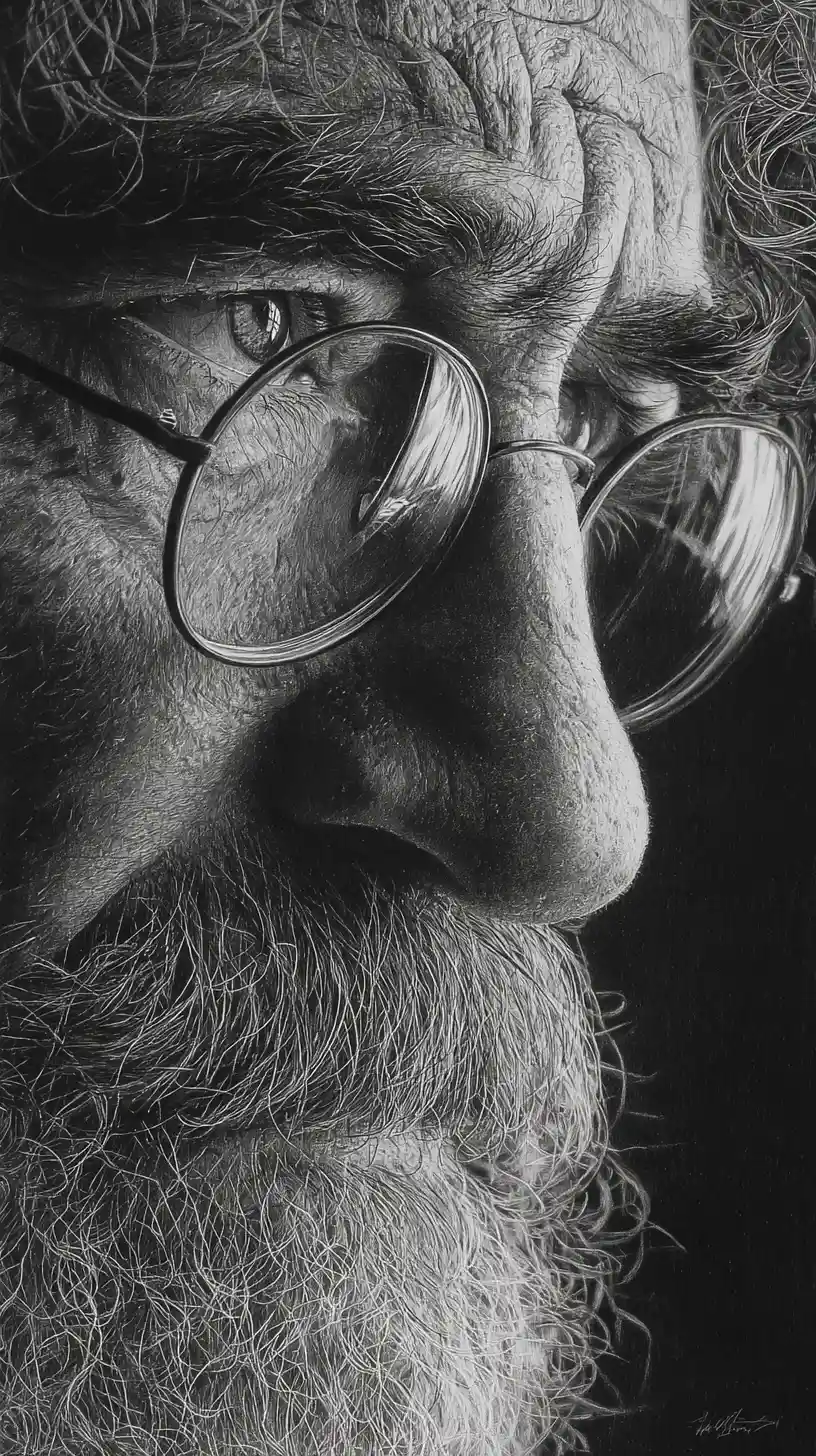 Detailed pencil portrait of an aging man in close up