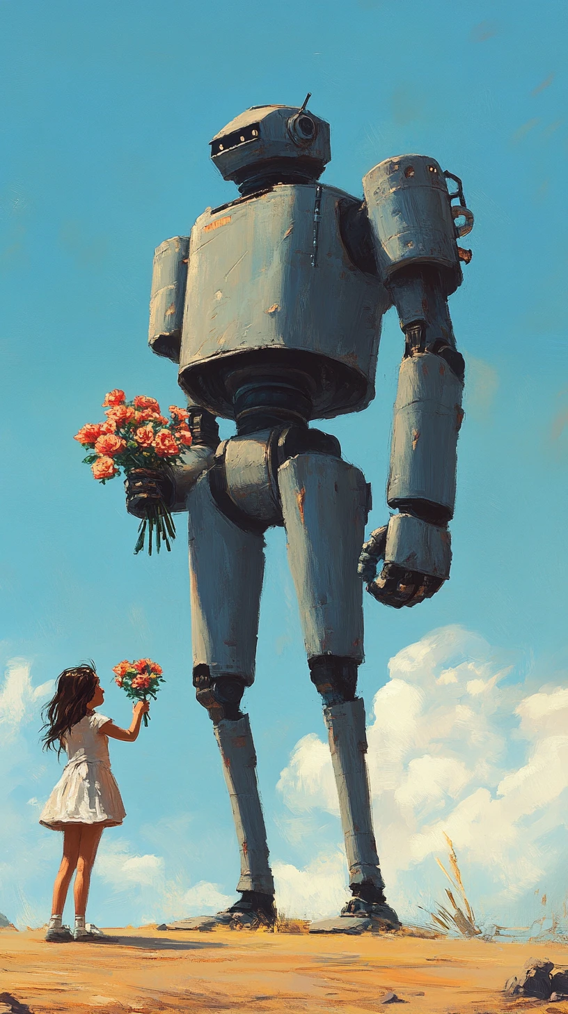 Robot gigante y chica sonriente compartiendo flores bajo el cielo azul