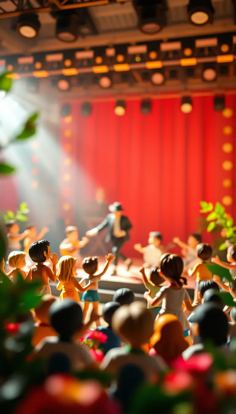 Joyful children dancing in a concert hall close up