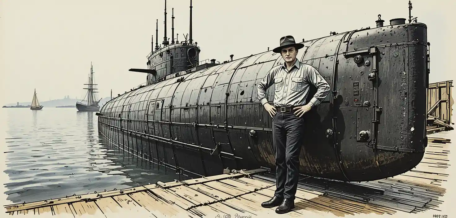 Man standing by submarine on a quiet wooden dock