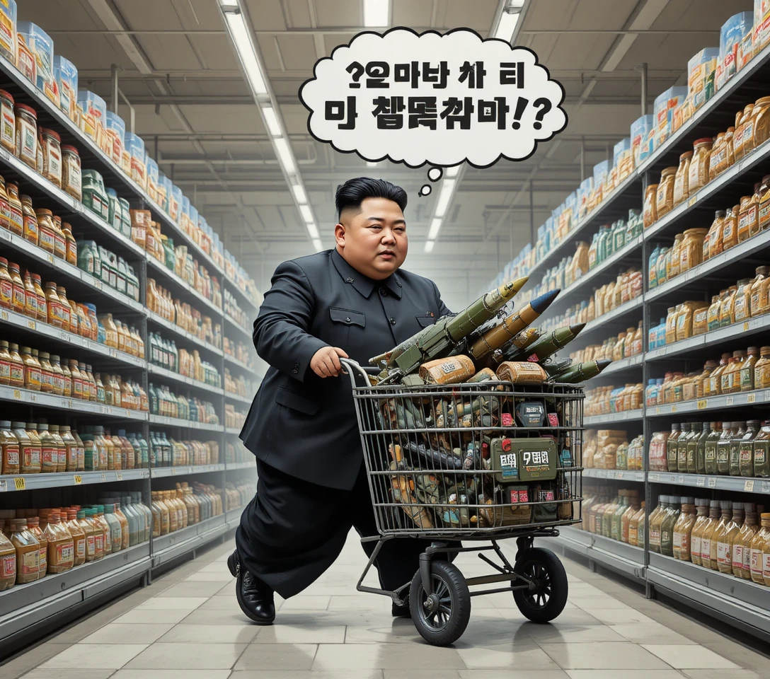 Satirical leader pushing weapon filled cart in supermarket