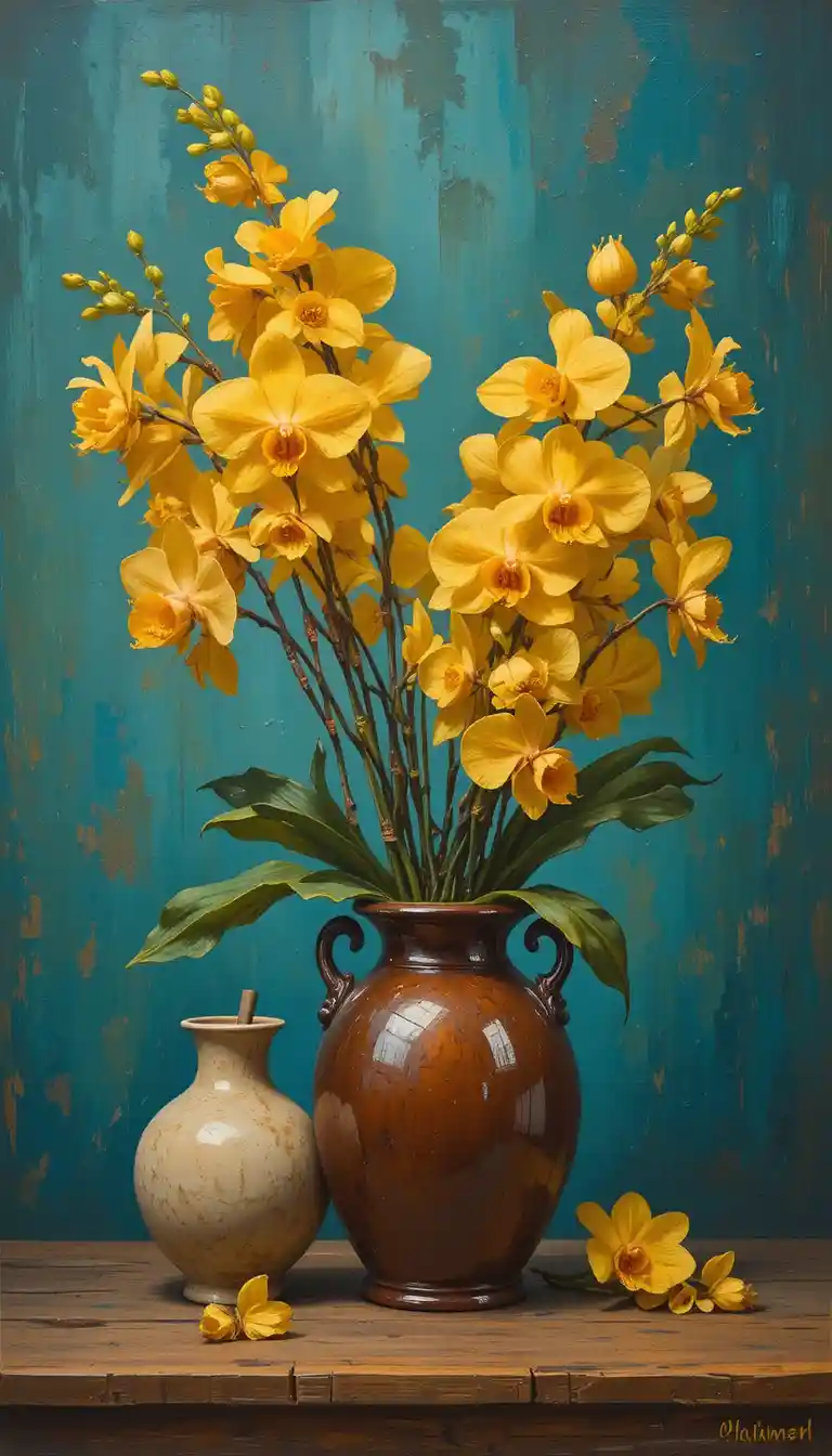 Yellow orchids in a rustic vase on wooden table