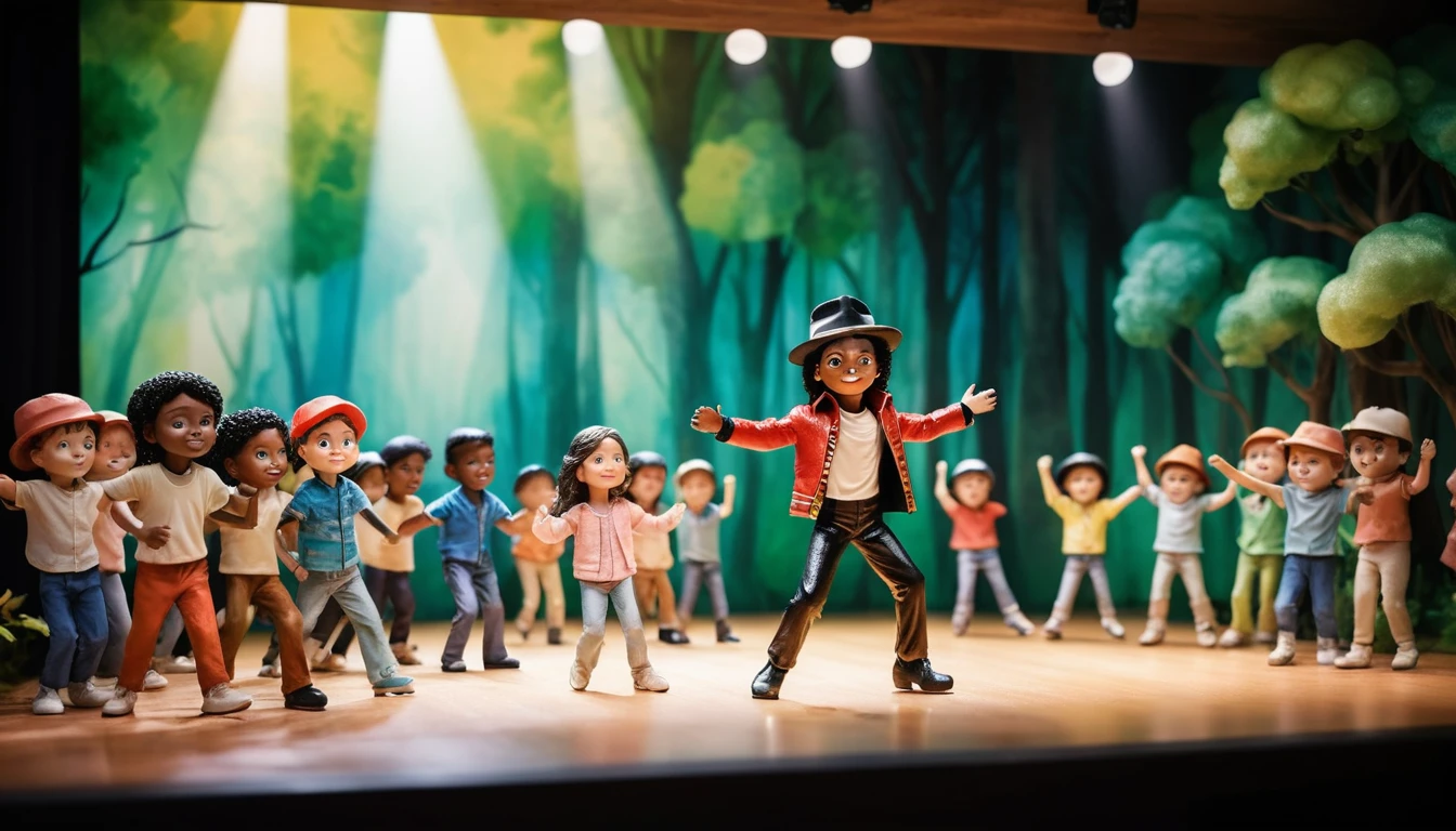 Joyful children dancing in a concert hall with clay characters