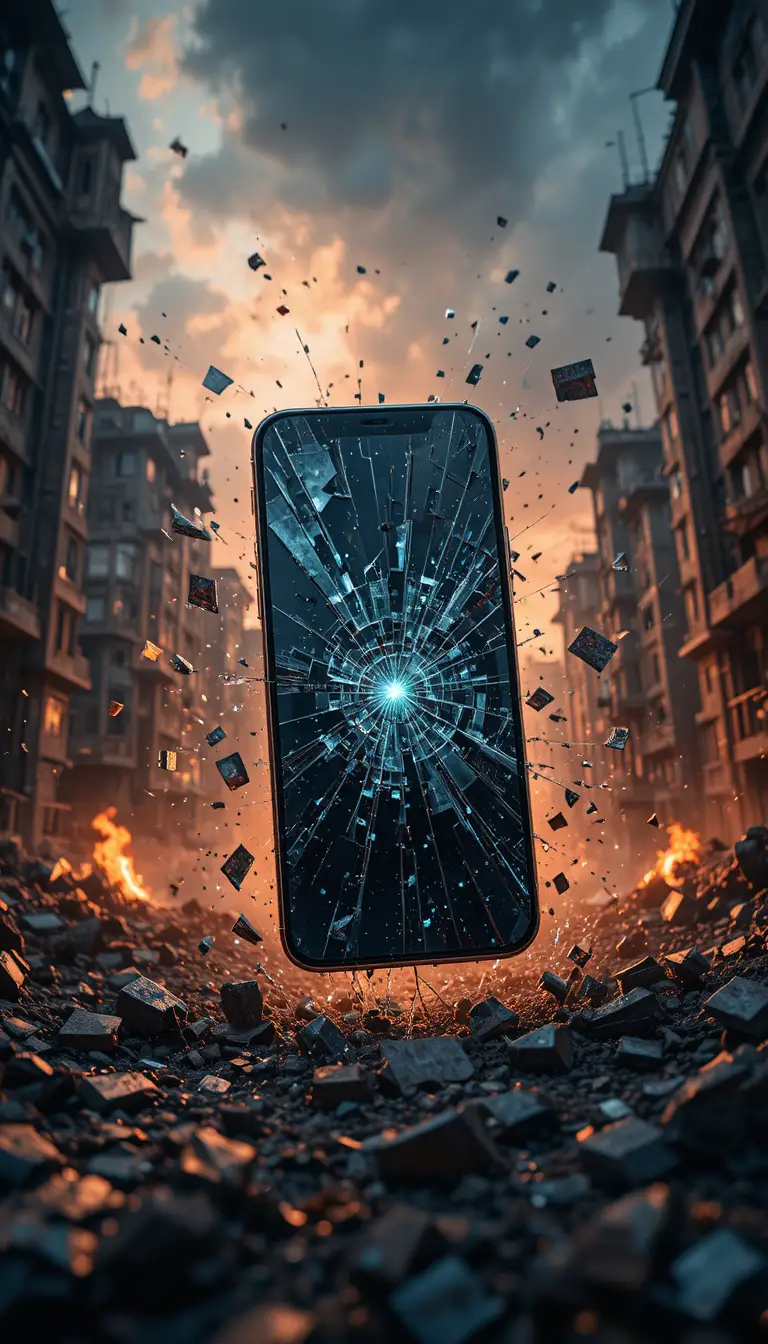 Smartphone quebrado em cena caótica de destruição urbana tempestuosa
