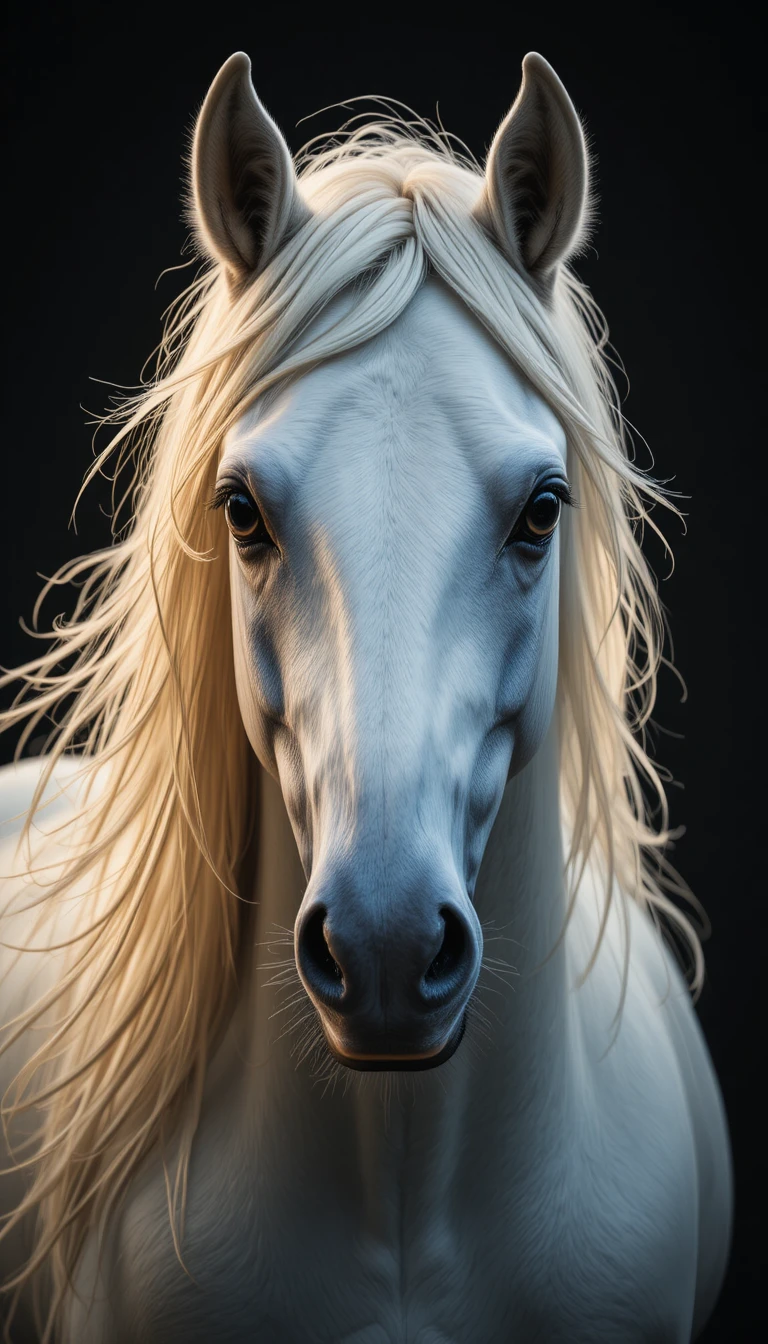 White horse portrait with flowing mane on black background