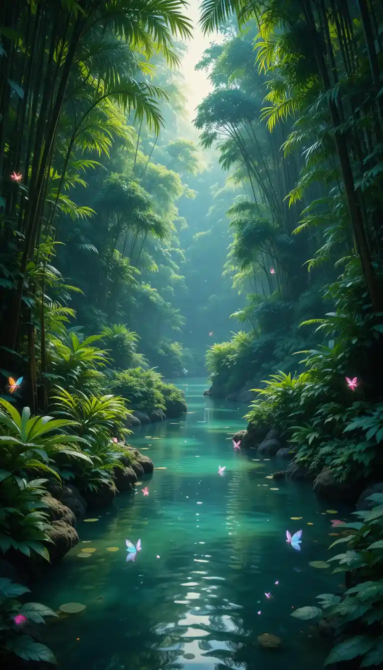 Mystical jungle river with glowing fairies and soft sunbeams