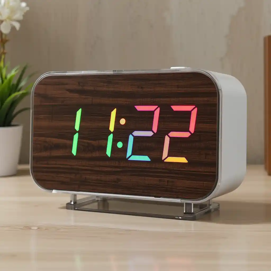 Relógio despertador digital curvo em madeira com visor LED RGB