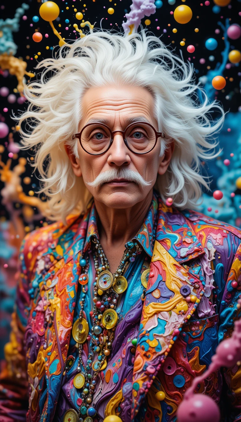 Eccentric old man with wild hair in colorful bubbling chaos