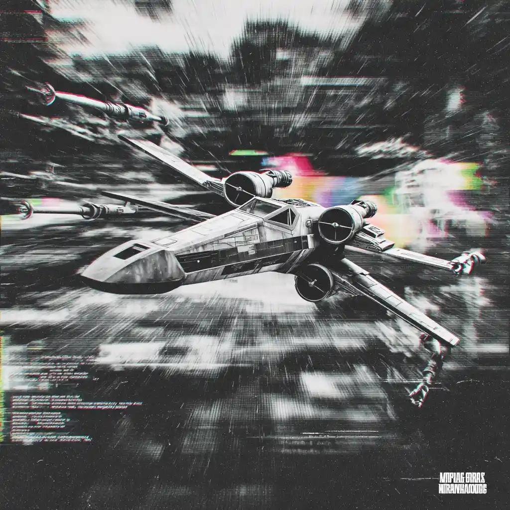 Minimal black and white poster with sci fi spacecraft