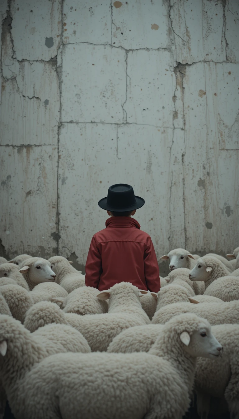 Child In Red Jacket Watching Sheep Against Worn Wall