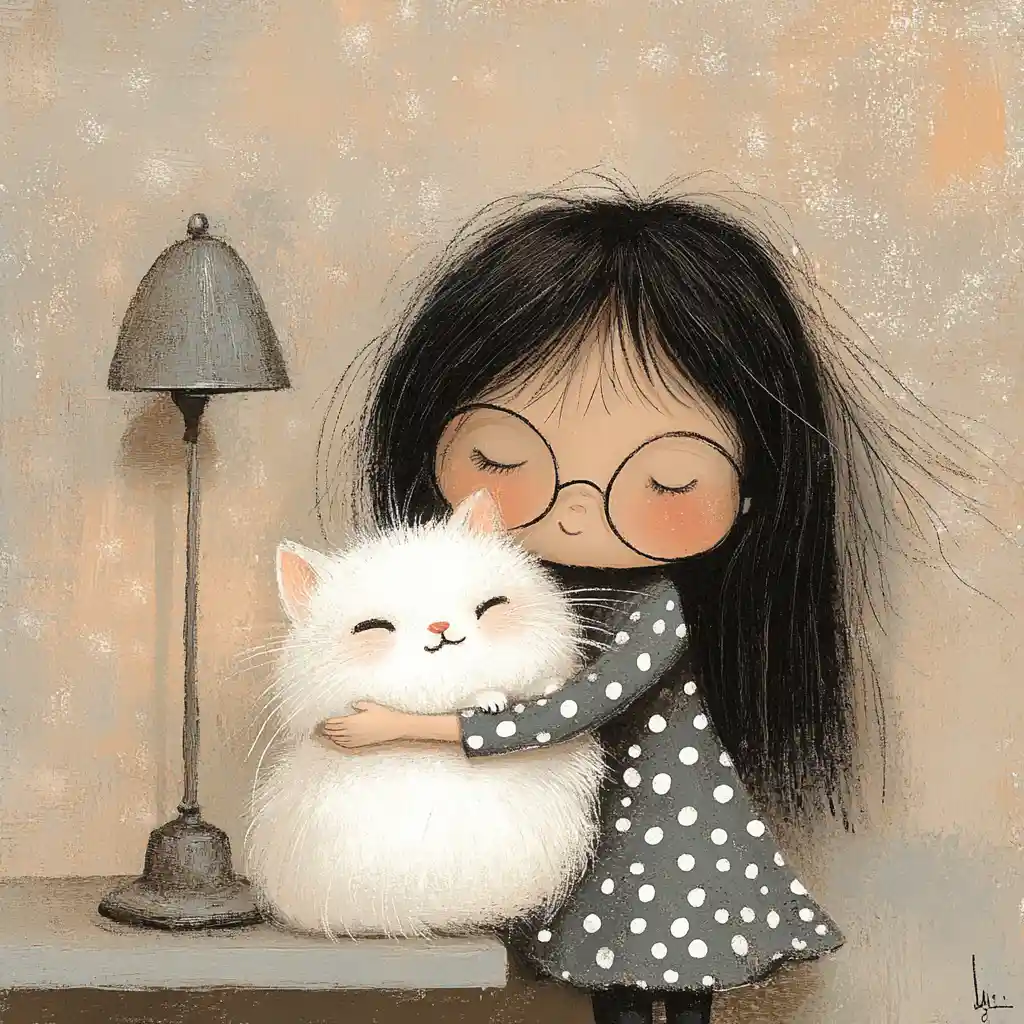 Girl with glasses hugging a fluffy white cat illustration