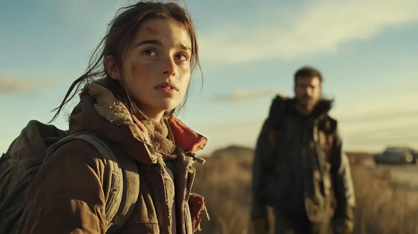 Young woman crossing a barren wasteland with her father