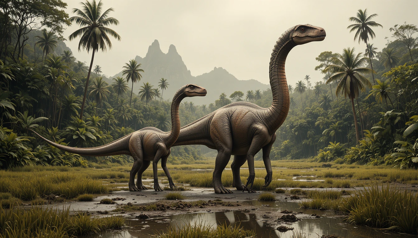 Two sauropod dinosaurs stride through a misty jungle marsh