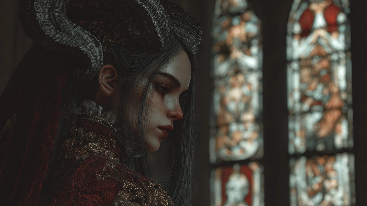 Demonic priestess in a shadowy chapel seeking distant light