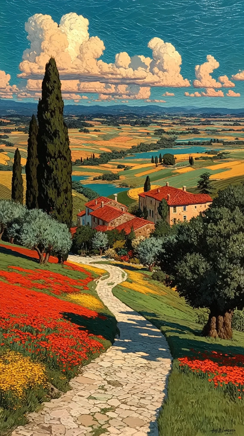 Pintura de la campiña francesa idílica al atardecer dorado