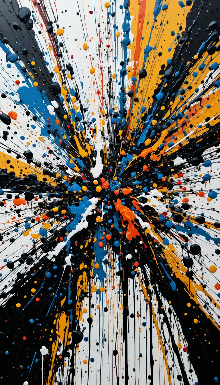 Chaotic abstract painting of bold multicolored paint splatters