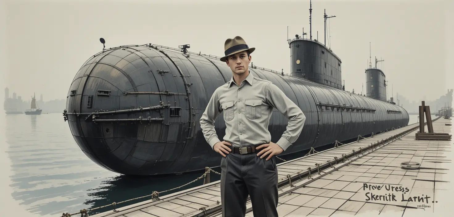 Man Leaning Confidently Against Submarine On Wooden Dock