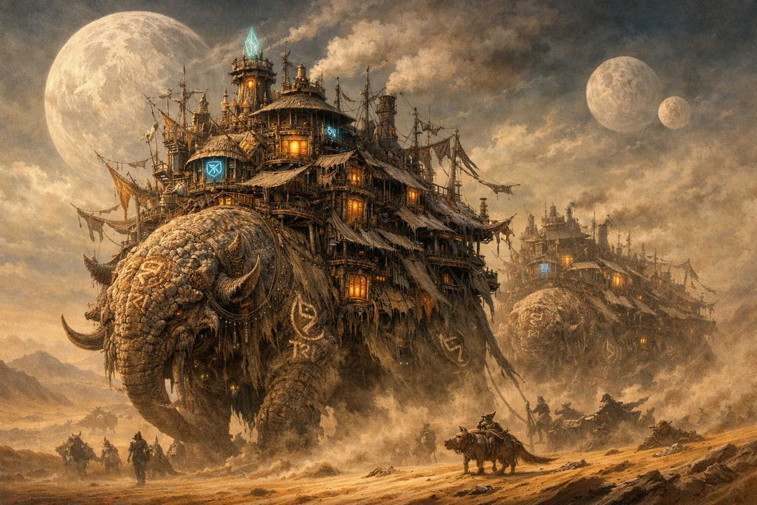 Nomadic caravan city on ancient beasts crossing alien dunes