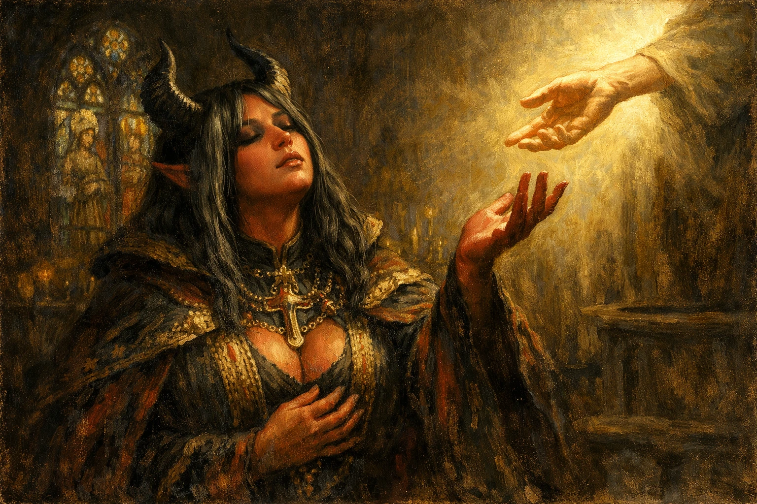 Demonic priestess gazing toward redemptive light in chapel
