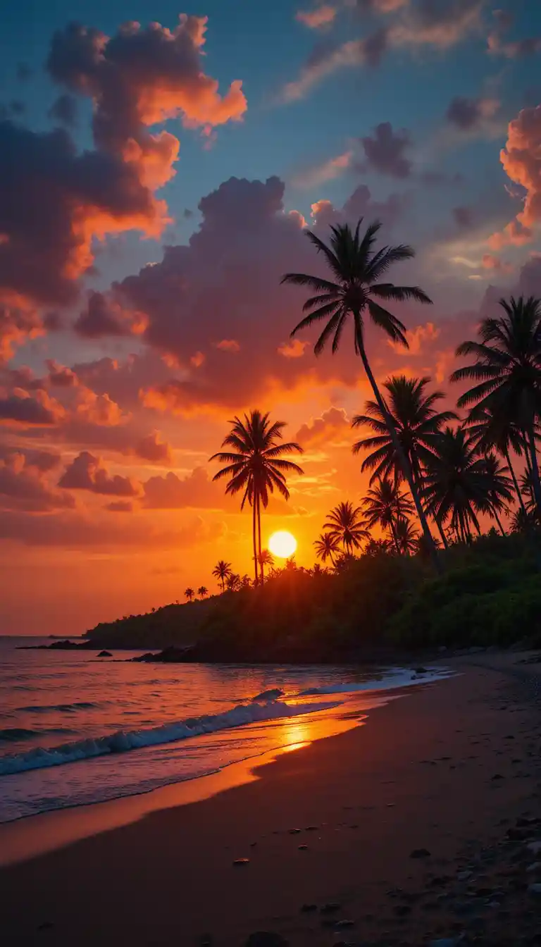 Serene tropical beach at sunset with glowing orange sky