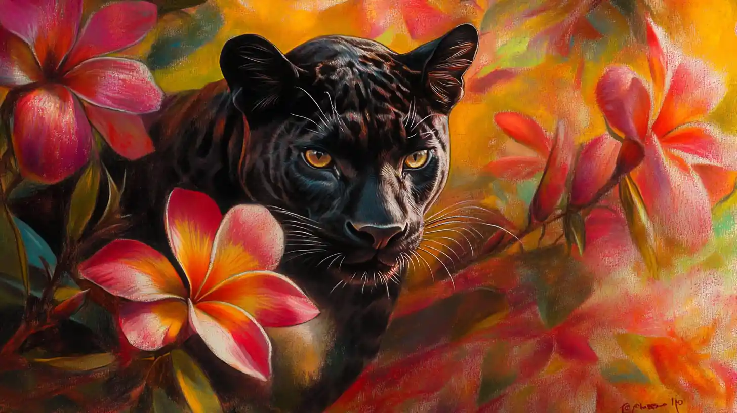 Surreal panther emerging from vibrant plumeria flower