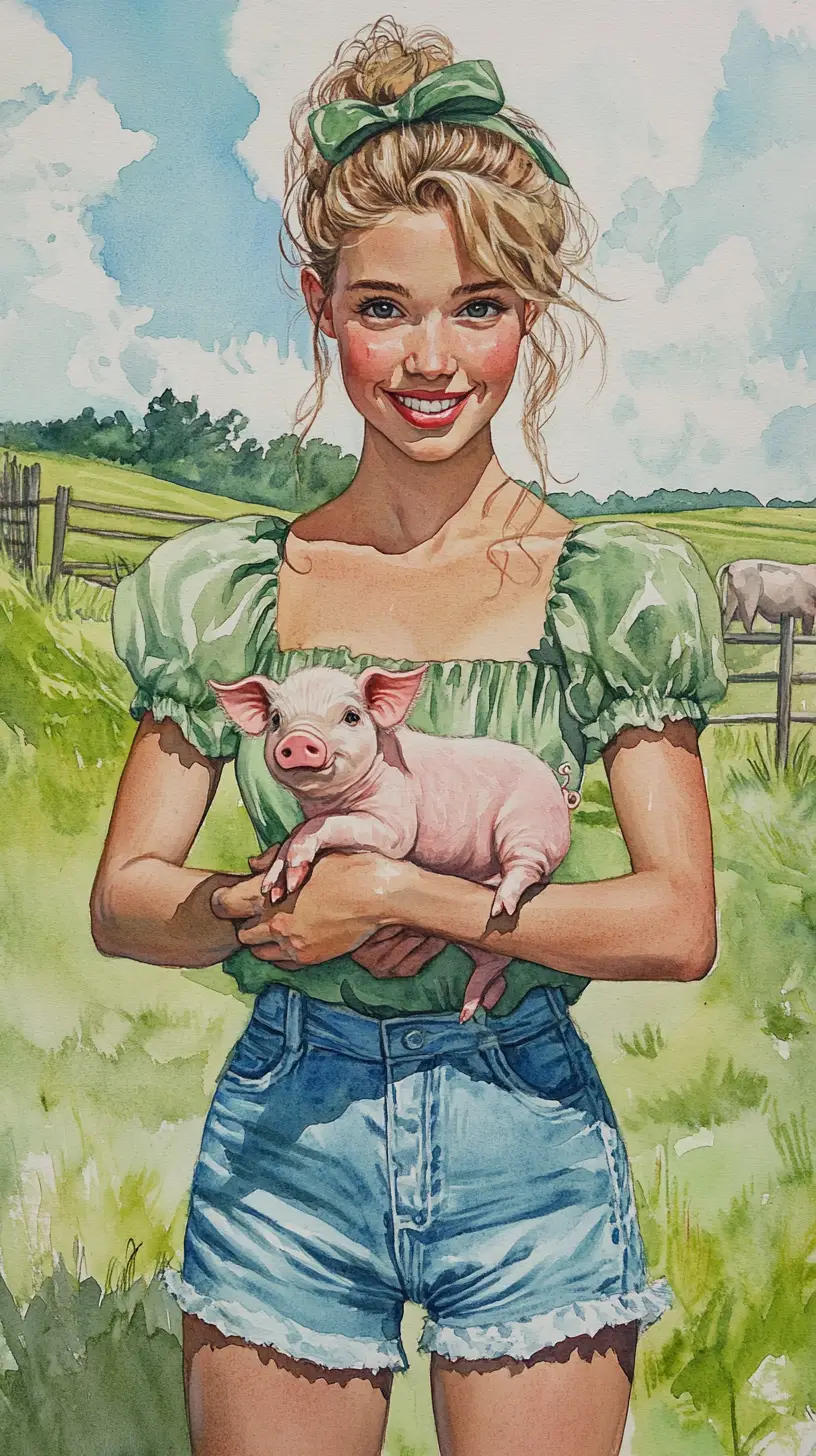 Smiling girl holding a piglet in a sunny country meadow