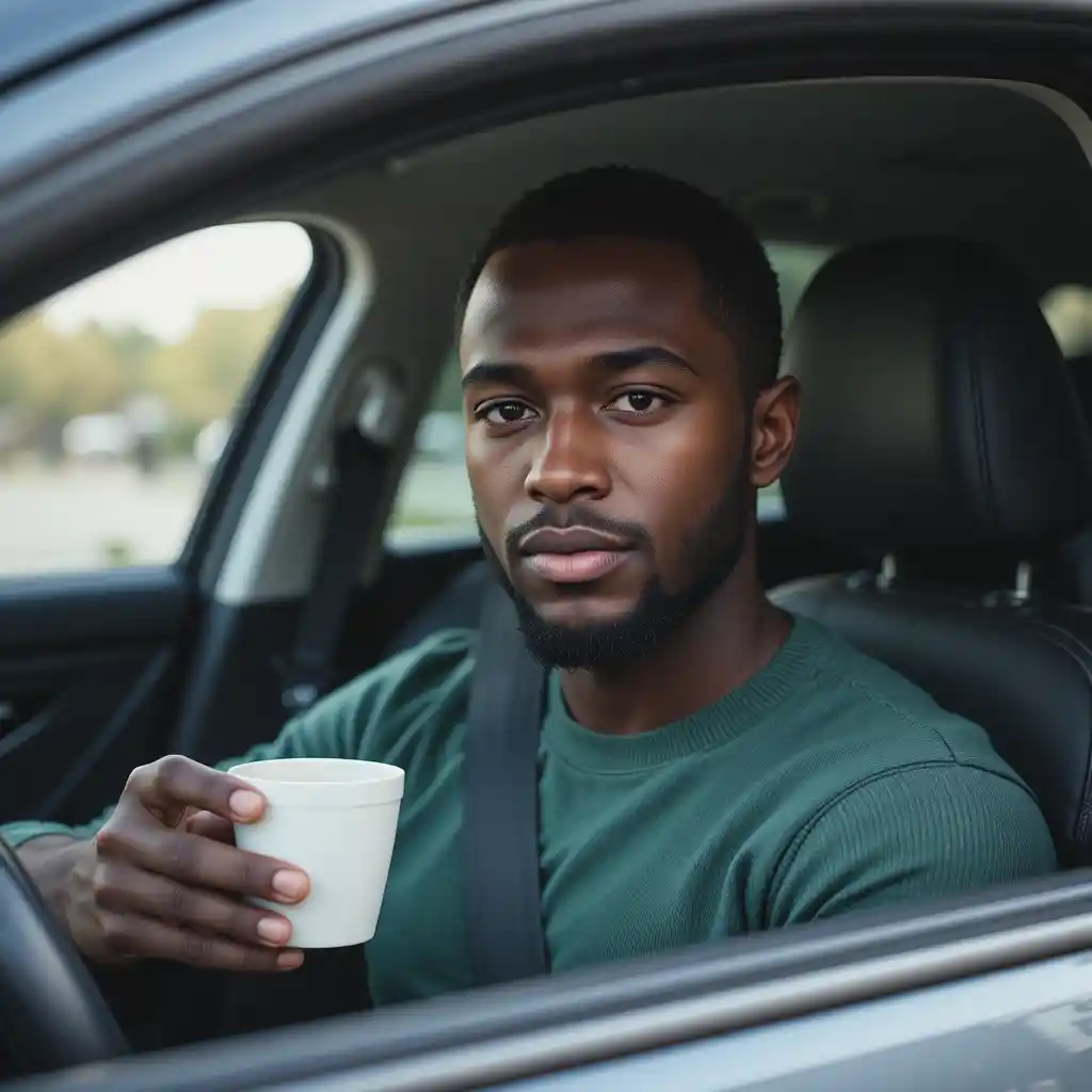 Young man in car putting on green top with coffee