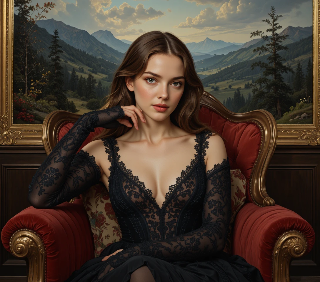Young woman in black lace dress on red rococo armchair