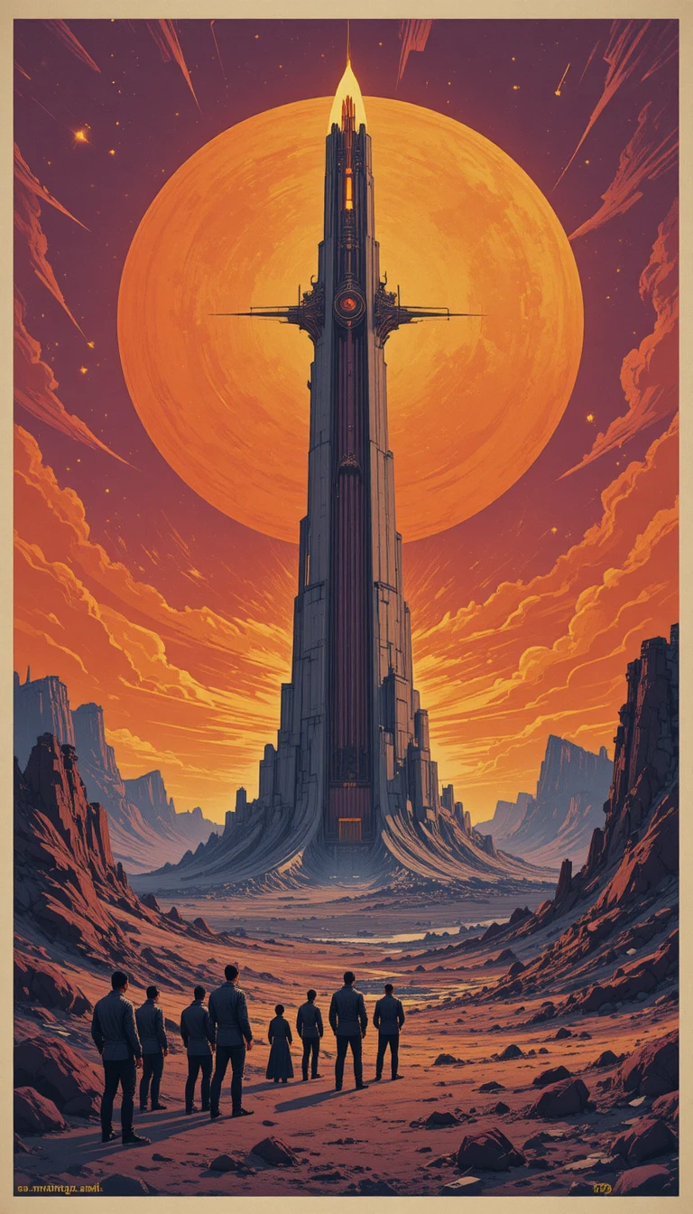 Futuristic skyscraper under blazing orange and purple sky