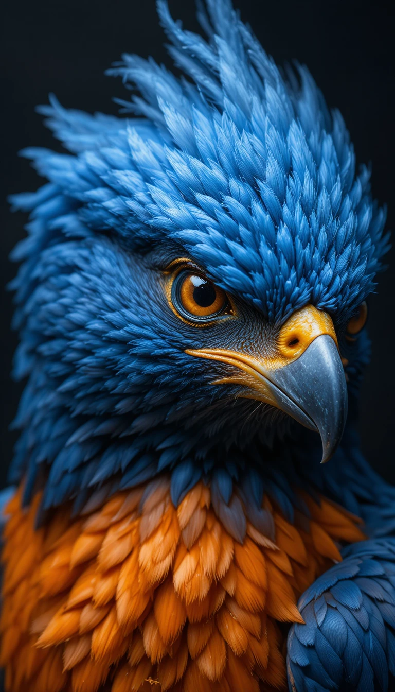 Close up hawk with blue and orange plumage on dark