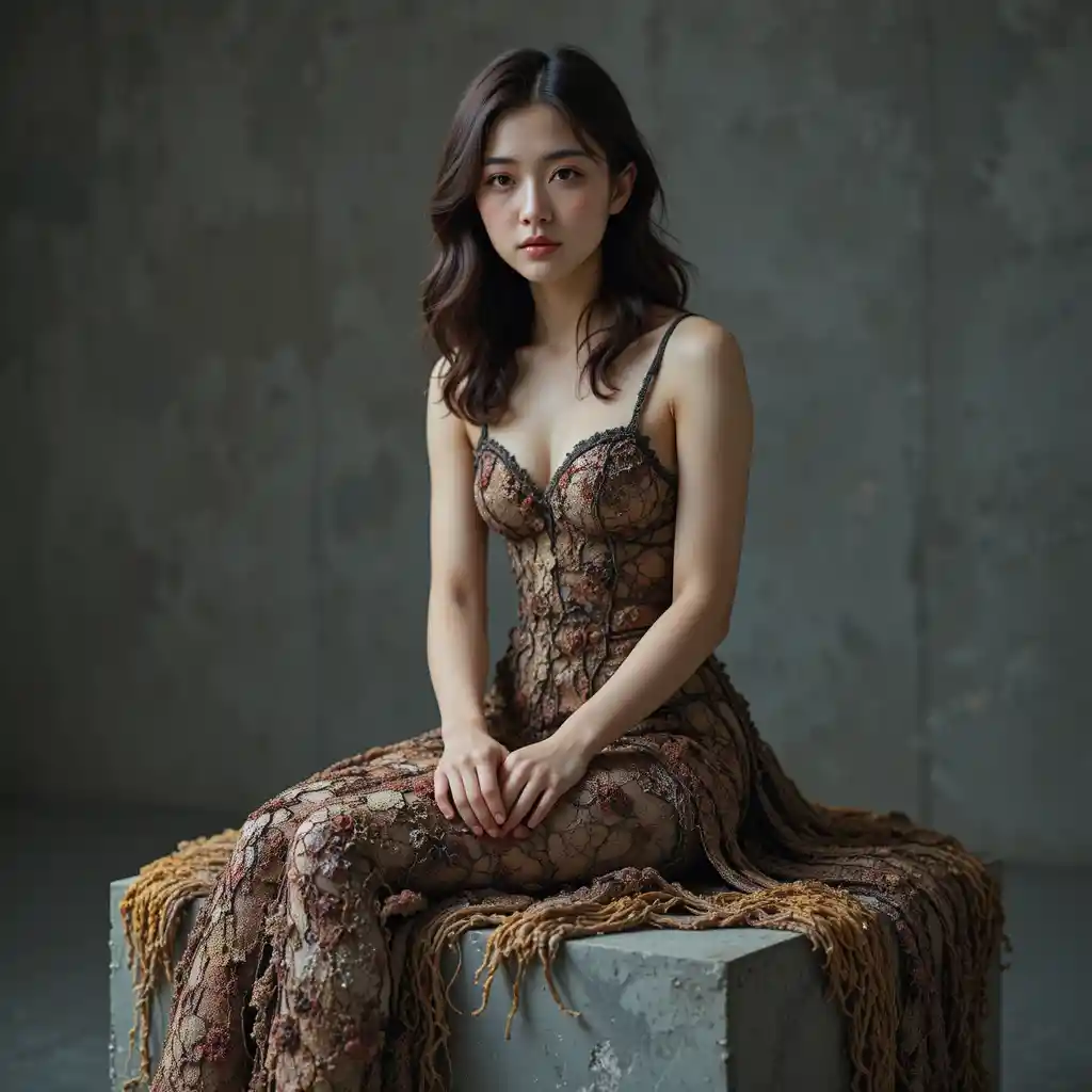 Korean freshman in mycelium and velvet gown on concrete plinth