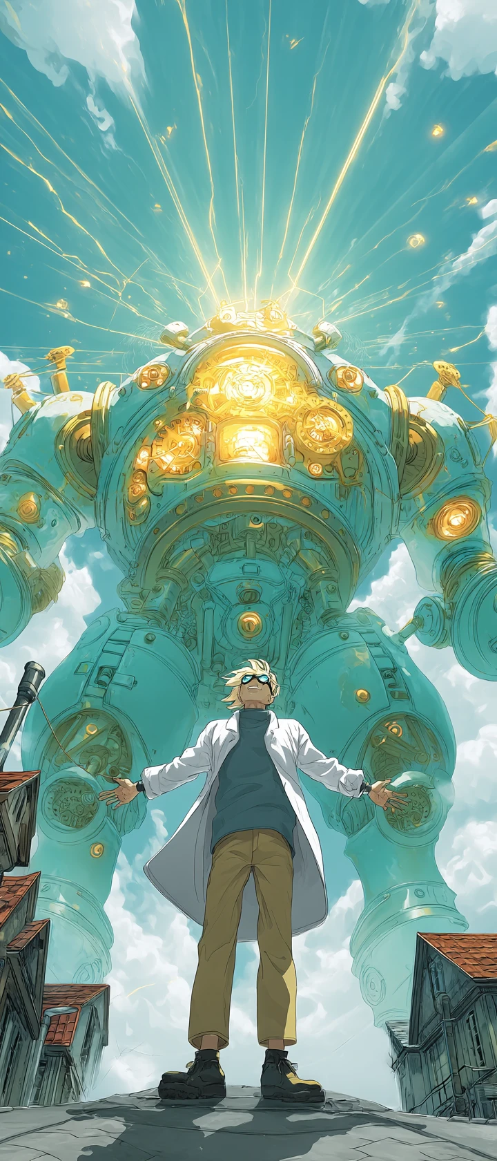 Inventor de anime revelando una colosal máquina luminosa en la azotea