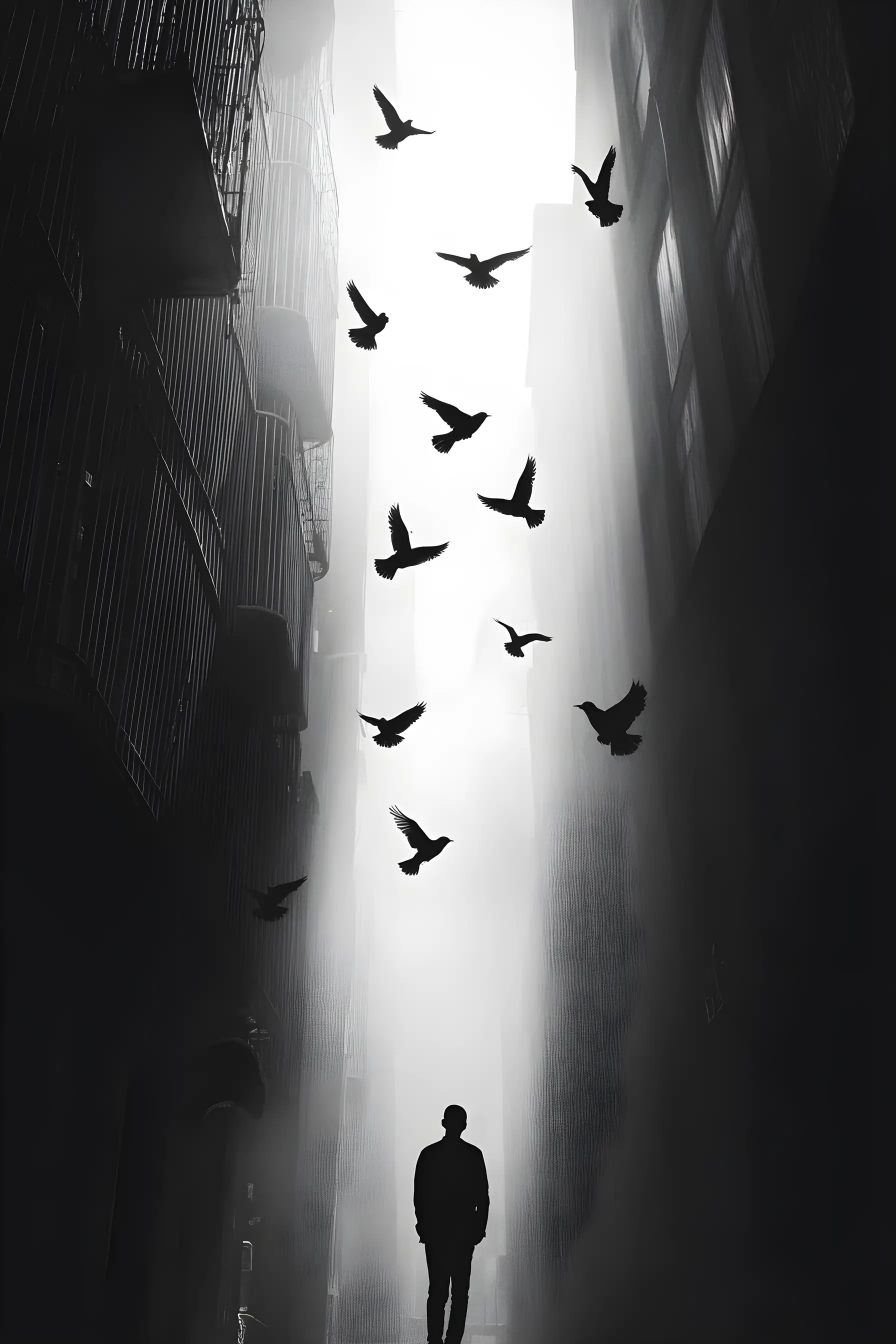 Silhouetted birds over layered urban multiple exposure scene