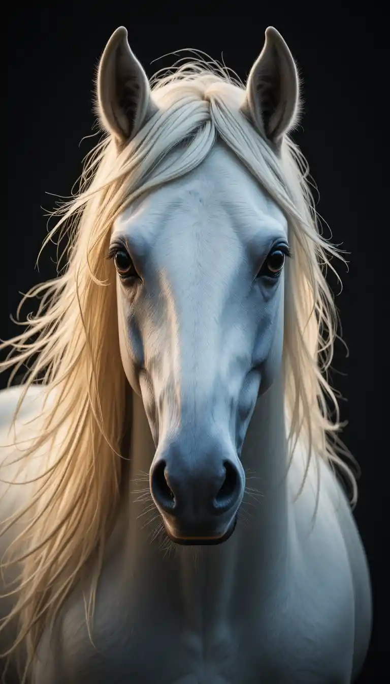 White horse portrait with flowing mane on black background