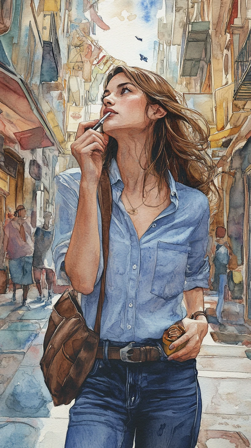 Woman on city street holding pen in watercolor style