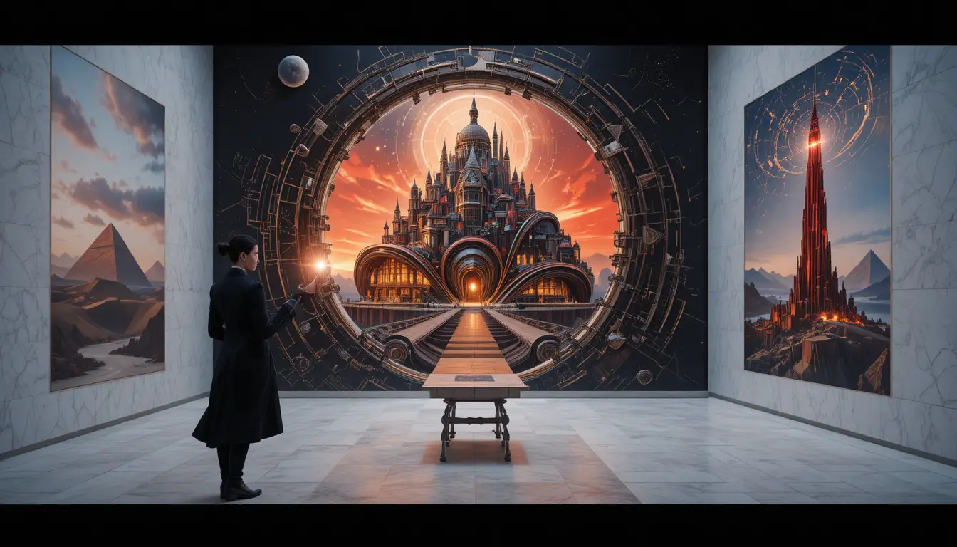 Donna in cappotto nero che tocca una mappa olografica luminosa della città